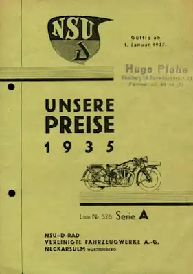NSU Preisliste 1.1.1935