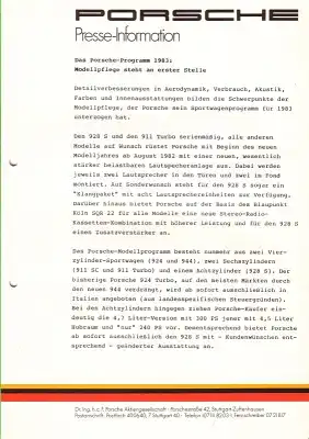 Porsche Programm 1983 Pressemappe