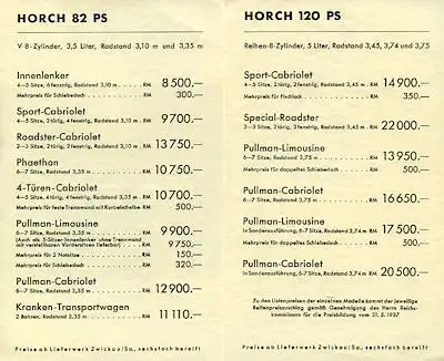 Horch Preisliste 1938