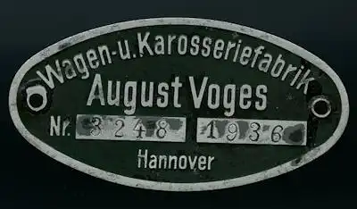 August Voges / Hannover Typenschild 1936