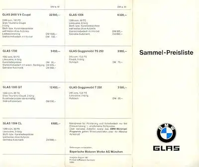BMW / Glas Preisliste 8.1967
