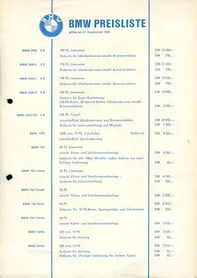 BMW Preisliste 9.1961