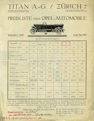 Opel Preisliste der Schweiz 9.1919