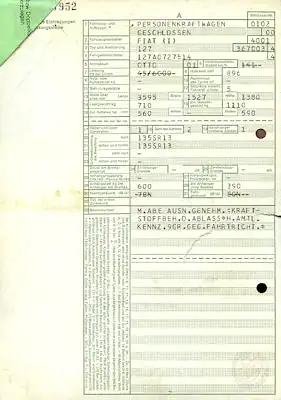 Fiat 127 Original Fahrzeugbrief 1974