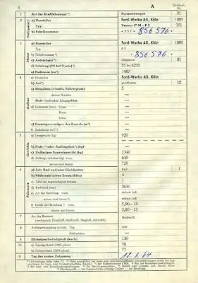 Ford Taunus 17 M P 3 Original Fahrzeugbrief 1964