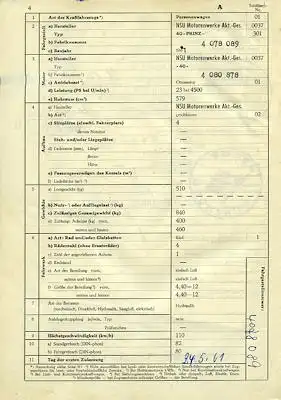 NSU 40 Prinz Original Fahrzeugbrief 1961