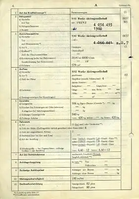 NSU 40 Prinz Original Fahrzeugbrief 1960