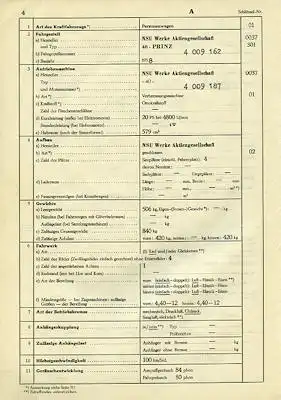 NSU 40 Prinz Original Fahrzeugbrief 1958