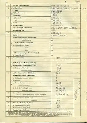 Renault Dauphine Original Fahrzeugbrief 1960