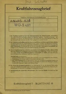 NSU 40 Prinz Original Fahrzeugbrief 1959