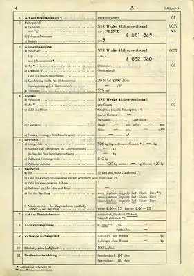 NSU 40 Prinz Original Fahrzeugbrief 1959