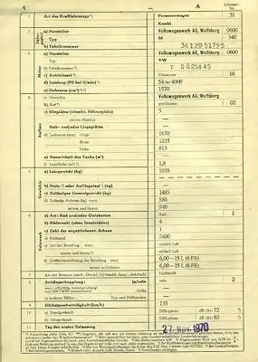 VW Typ 36 Original Fahrzeugbrief 1970