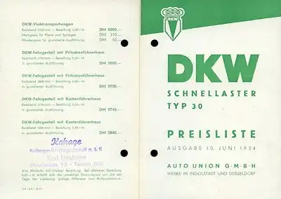 DKW Schnellaster Typ 30 Preisliste 6.1954
