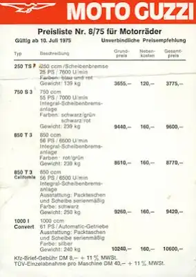 Moto Guzzi Preisliste 8.1975