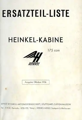 Heinkel Kabine Ersatzteilliste 10.1956