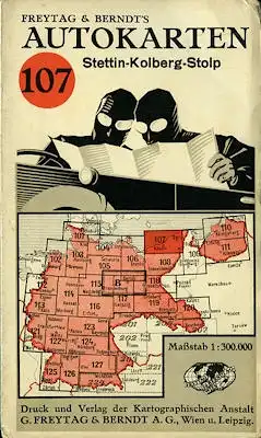 Freytag & Berndt`s Autokarten 107 Stettin Kolberg Stolp 1930er Jahre