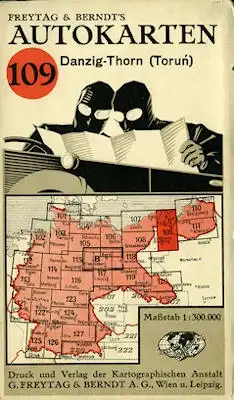 Freytag & Berndt`s Autokarten 109 Danzig-Thorn (Torun) 1930er Jahre