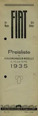 Fiat Preisliste Schweiz Nr. 30 1935