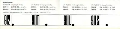 Porsche 911T 911L 911S 912 Preisliste 1.1968