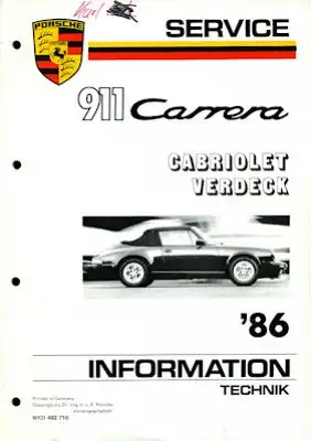 Porsche 911 Carrera Cabriolet Verdeck Kundendienst Information 1986