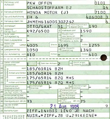 Honda CRX (Typ EH 6) Original Fahrzeugbrief 1995