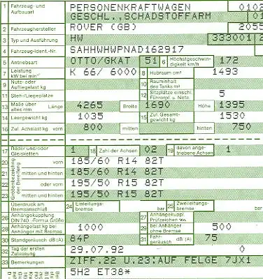 Rover Concerto (Typ HW) Original Fahrzeugbrief 1992