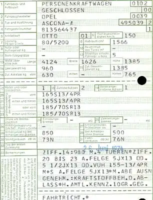 Opel Ascona A Original Fahrzeugbrief 1974