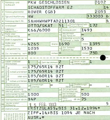 Rover Concerto (Typ HW) Original Fahrzeugbrief 1993