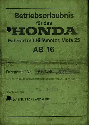 Honda Mofa PXL Betriebserlaubnis 1974