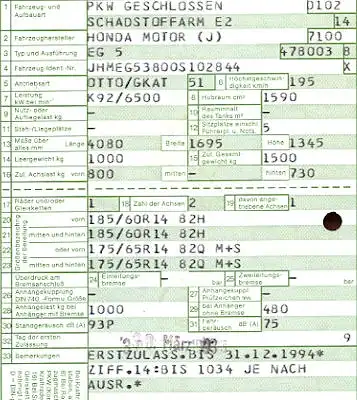 Honda Civic (Typ EG 5) Original Fahrzeugbrief 1993