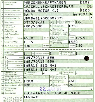 Honda Prelude (Typ BA 4) Original Fahrzeugbrief 1991