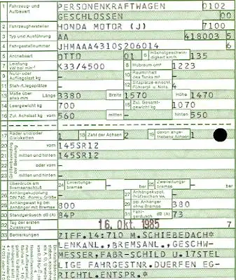 Honda Jazz (Typ AA) Original Fahrzeugbrief 1985