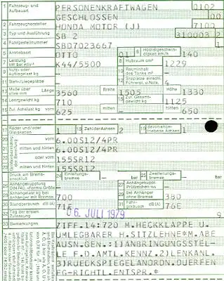 Honda Civic (Typ SB 2) Original Fahrzeugbrief 1979