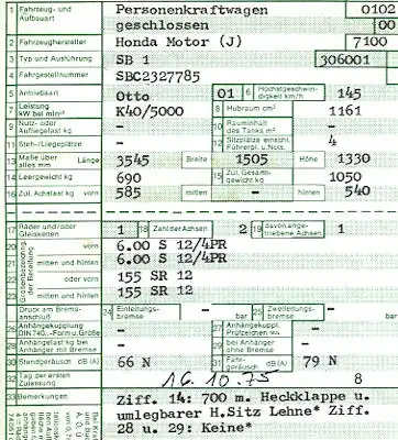 Honda Civic (Typ SB 1) Original Fahrzeugbrief 1975