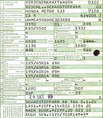 Honda Accord (Typ CA 5) Original Fahrzeugbrief 1989