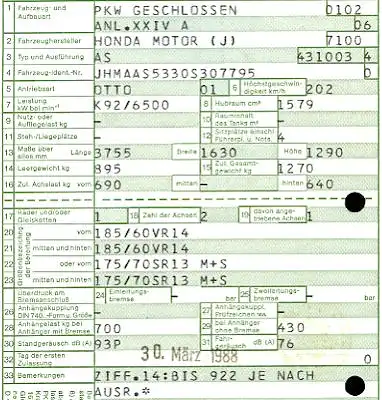 Honda CRX (Typ AS) Original Fahrzeugbrief 1988