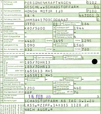 Honda Prelude (Typ BA 4) Original Fahrzeugbrief 1988