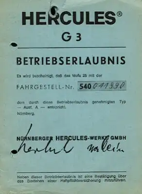 Hercules Mofa G 3 Betriebserlaubnis 1976