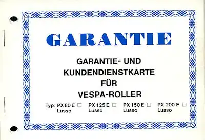 Vespa PX 80E 125E 150E 200E Lusso Garantie- und Kundendienstkarte 1980er Jahre