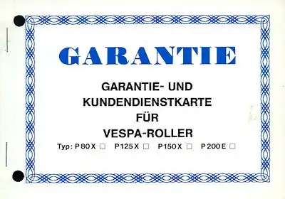 Vespa P 80X PX125E PX150E P200E Lusso Garantie- und Kundendienstkarte 1980er Jahre