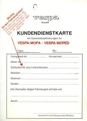 Vespa Mofa / Moped Garantie- und Kundendienstkarte 1980er Jahre