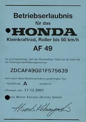 Honda Roller X8R-S/X (SZX50 S/X) Betriebserlaubnis 2001