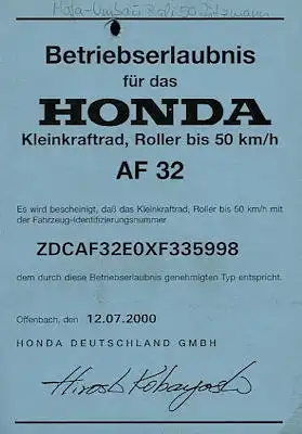 Honda Roller Bali 50 Betriebserlaubnis 2000