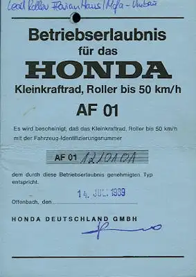 Honda Roller Lead 50 Betriebserlaubnis 1989