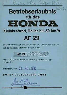 Honda Roller Vision 50 Betriebserlaubnis 1993