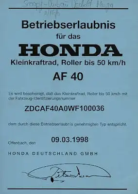 Honda Scoopy Betriebserlaubnis 1998