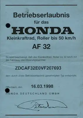 Honda Roller Bali 50 Betriebserlaubnis 1998