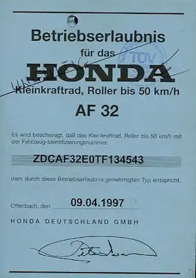 Honda Roller Bali 50 Betriebserlaubnis 1997