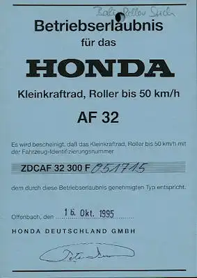 Honda Roller Bali 50 Betriebserlaubnis 1995