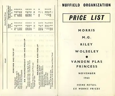 Morris Wolseley Riley MG Vanden Plas Preisliste 11.1963